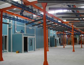 Double accumulation line of the hangers for the loading and unloading of the pieces with a view of the pressurized booths in line